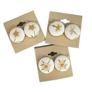 Yellow Floral Button Earrings Made from Damaged Vintage Fabric